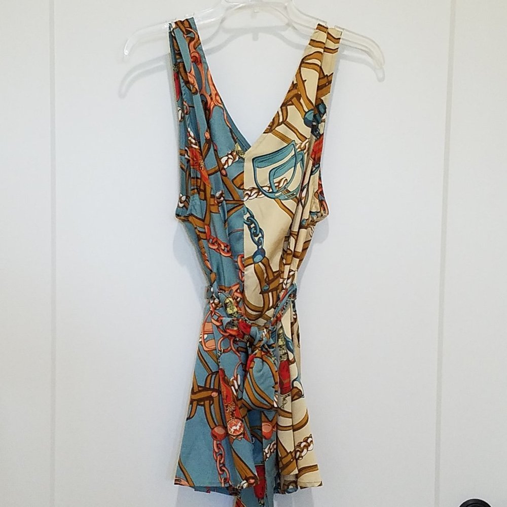 blue cream ivory chains tie sleeveless blouse